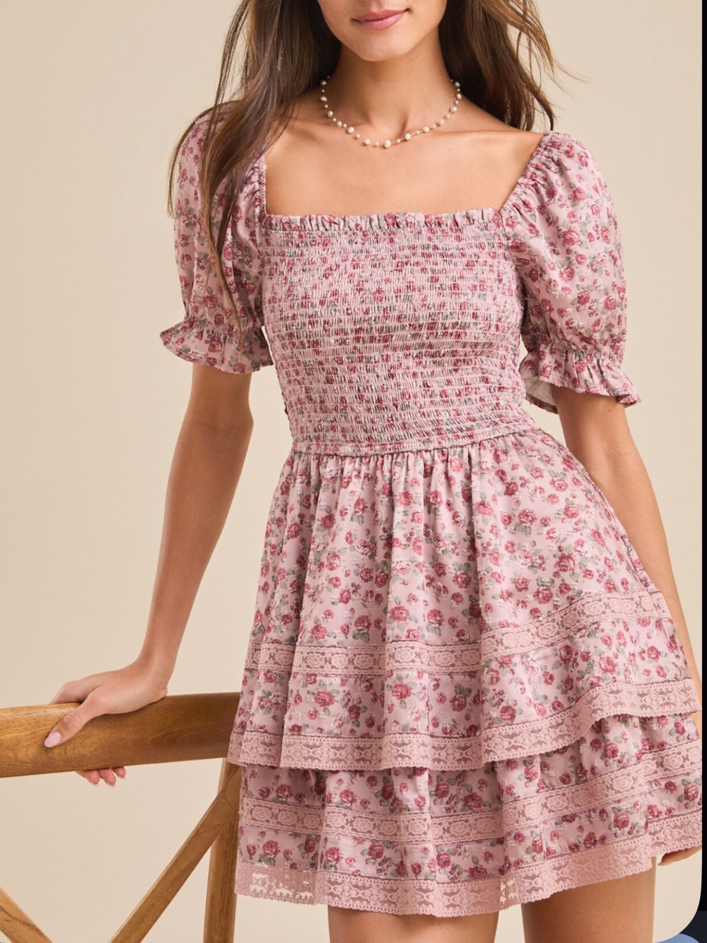 Altar'd State Arianna Pink Floral Smocked Tiered Lace Trim Mini Dress